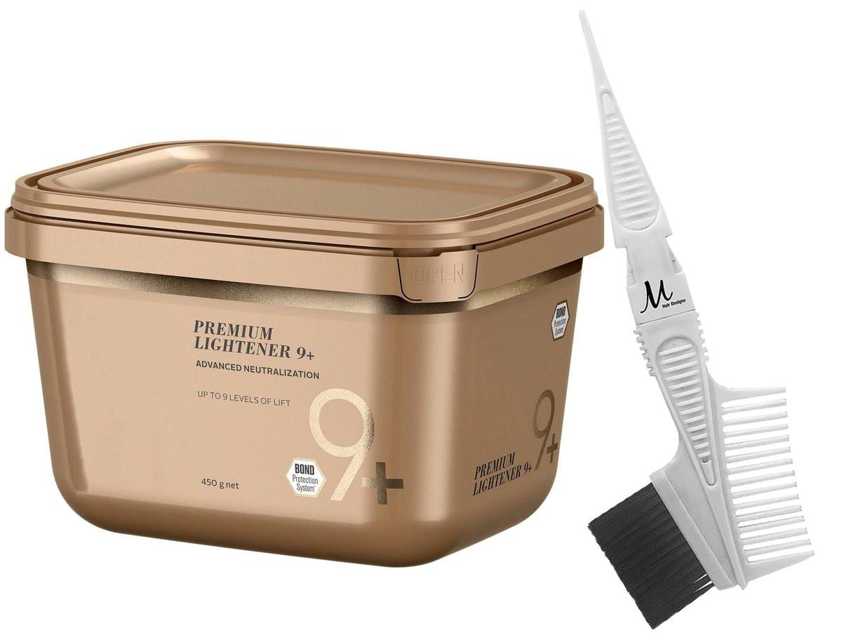 BlondeMe Lightener Powder 9+ Premium Blondierpulver 450 g und M Hair Designs Tönungspinsel-Kamm (Set), Off White