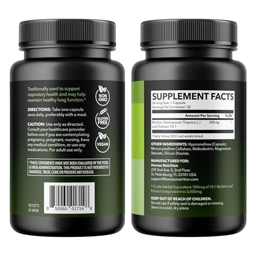 Mulleinblatt-Kapseln für die Atemwegsgesundheit – 500 mg Mullein-Extrakt zur Unterstützung der Lungenfunktion und des Immunsystems – 30 Kapseln – Vegan, Nicht-GMO – Pflanzliches Nahrungsergänzungsmittel für das tägliche Wohlbefinden – 1-Monats-Vorrat