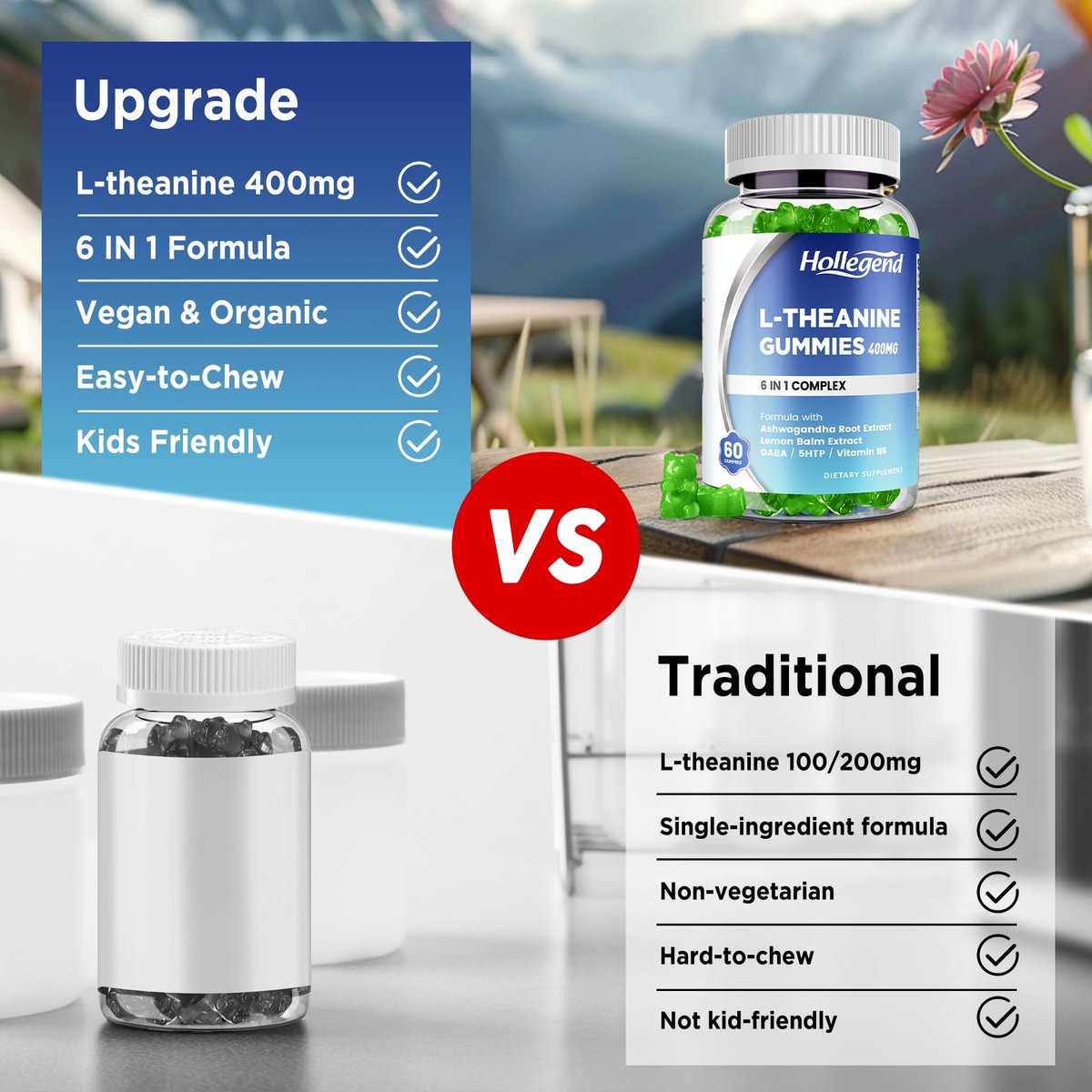 HOLLEGEND L-Theanin Gummies – 400mg L-Theanin mit Ashwagandha, GABA & 5-HTP – Vegan, Zitronengeschmack, 60 Stück für Entspannung, Schlaf & Fokus