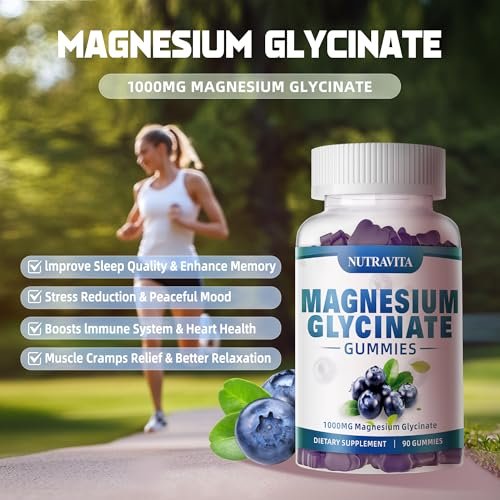 Magnesium Glycinat Gummis 1000mg mit Magnesium-L-Threonat, Chelat-Magnesium-Kalium-Komplex mit Vitamin D, B6, CoQ10, Calcium – Unterstützt Gedächtnis, Ruhe, Stimmung – 90 Gummis Blaubeere