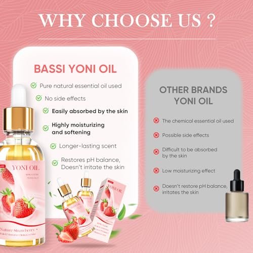 BASSI Yoni Öl für Frauen – 2er-Pack Erdbeer Frische Intimpflege Öl – Allnatürliches Vaginalöl, Reduziert Geruch, Stellt pH-Gleichgewicht und Feuchtigkeit wieder her, 30 ml pro Flasche
