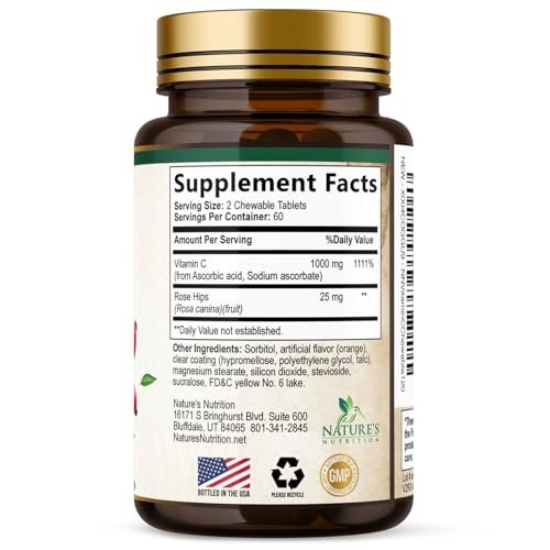 Vitamin C 1000 mg pro Portion Zuckerfrei Kautabletten – Extra starke Antioxidantien – Natürliches Immunsystem-Support mit Vitamin C & Hagebutte, leckere Orangen-Geschmack – 120 Tabletten