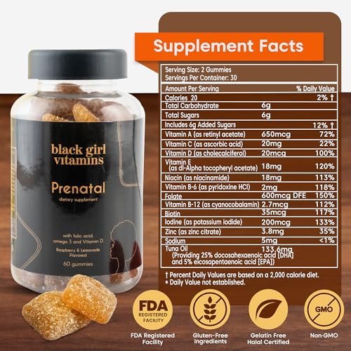 Black Girl Vitamins - Pränatale Gummibärchen für Frauen mit Folsäure zur Unterstützung der Knochengesundheit, glutenfrei (Himbeer-Zitronen-Limonade), 60 Stück