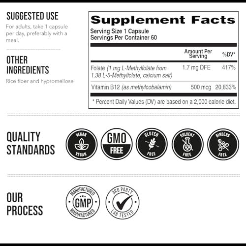 L-Methylfolat 1000 mcg plus Methyl-B12-Cofaktor – Aktive 5-MTHF-Form – Unterstützt Stimmung, Methylierung, Kognition – Hoch bioverfügbare bioaktive Formen von Vitamin B9 & B12 (60 Kapseln – 60 Portionen)