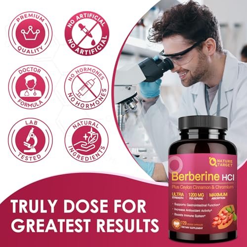 NATURE TARGET Berberin HCL 1200 mg, Berberin-Kapseln mit Ceylon-Zimt & Chrom – Unterstützt Immun-, Magen-Darm- & Verdauungsgesundheit, Non-GMO, 120 Kapseln