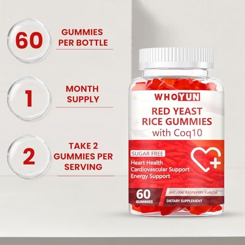 Whoyun Rote Hefe Reis mit Coq10 Gummies Zuckerfrei, Rote Hefe Reis Nahrungsergänzung