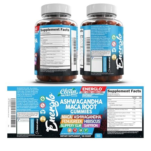 Ashwagandha Maca Root Gummis mit Fenchel, Hibiskus, Ulme, Safran-Extrakt & Beta-Carotin | Pfirsichgeschmack Vegane Gummivitamine Adaptogen Cortisol-Supplement von Clean Nutra