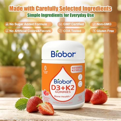 Biobor Natürliche Vitamin D3 K2 Gummibärchen, 5000 IE Vitamin D3 & 100 mcg Vitamin K2 (MK-7), Unterstützt gesunde Knochen und Immunsystem, ohne Zuckerzusatz, GMO-frei, glutenfrei (Erdbeere, 90 Stück)