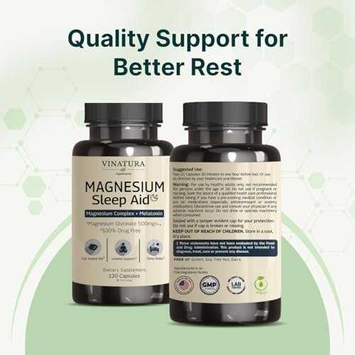 Magnesium Schlafhilfe – Magnesiumglycinat-Komplex für besseren Schlaf mit Melatonin, L-Theanin – 120 Kapseln