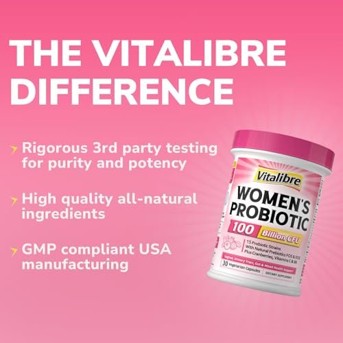 Vitalibre Probiotika für Frauen 100 Milliarden KBE 15 Stämme, Tägliches Probiotikum & Präbiotikum mit Organischer Cranberry zur Unterstützung der Vaginal-, Verdauungs- und Immungesundheit, Haltbar, 30 Vegane Kapseln