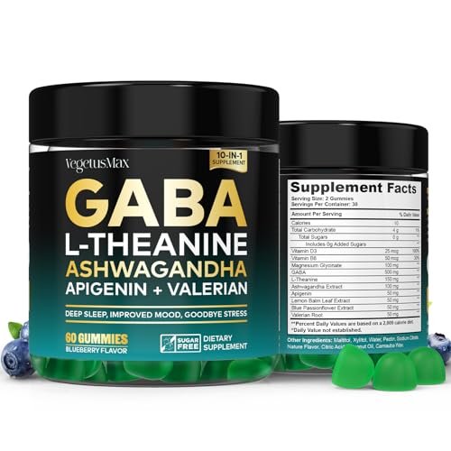 GABA Gummies 500mg Zuckerfrei – Beruhigungsgummis mit L-Theanin, Ashwagandha, Magnesium, Vitamin D3, B6 – Melatoninfrei für Ruhe, Stimmung, Schlaf – Nahrungsergänzung für Erwachsene – Heidelbeere – 60 Stück