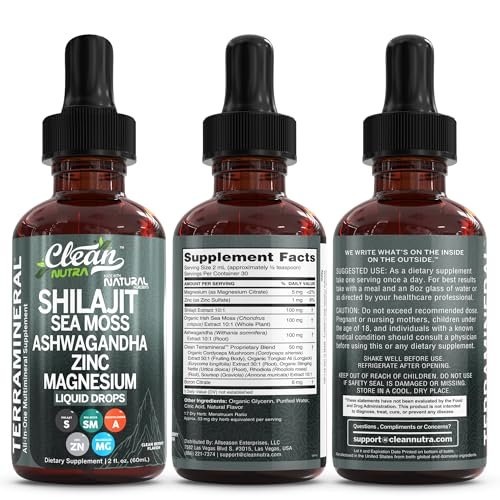 Clean Nutraceuticals Shilajit Drops Liquid | Shilajit Nahrungsergänzungsmittel für Männer und Frauen mit Seemoos, Ashwagandha, Zink, Magnesium, Bor, Fulvosäure – Himalaya-Shilajit für Energie, Vitalität und Ausdauer – 60 ml
