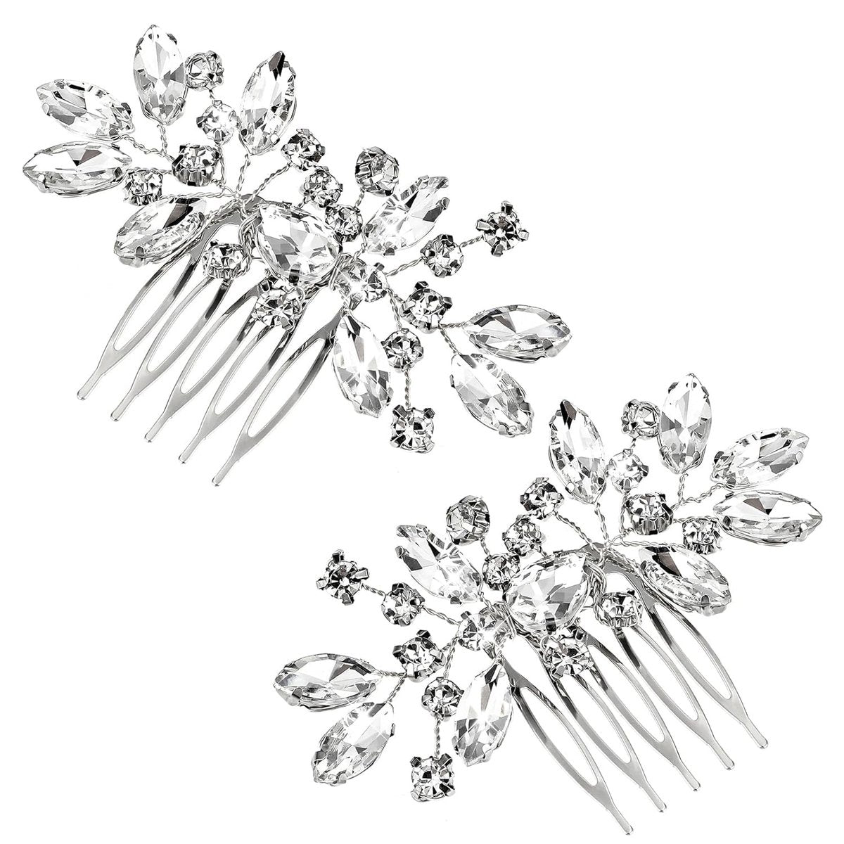 2er-Set Silberne Braut-Haarkämme mit Strass – Blumige Braut-Haaraccessoires für Hochzeit, Brautjungfern, Frauen und Mädchen - görsel 14