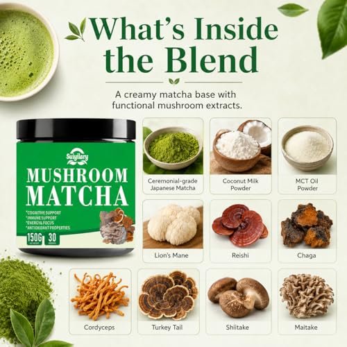 Suiyilary Mushroom Matcha – Zeremonieller Matcha-Pulver mit 7 Superfood-Pilzen, glutenfrei, 150 g (30 Portionen)