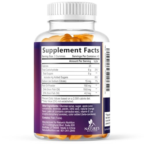 Omega 3 Fischöl Gummibärchen - 3-fache Stärke Herzgesundheit - Hochabsorbierendes Omega 3 Fischöl mit DHA & EPA - Gelenk- & Gehirnunterstützung für Erwachsene - Leckerer Orangen-Geschmack - 120 Gummibärchen