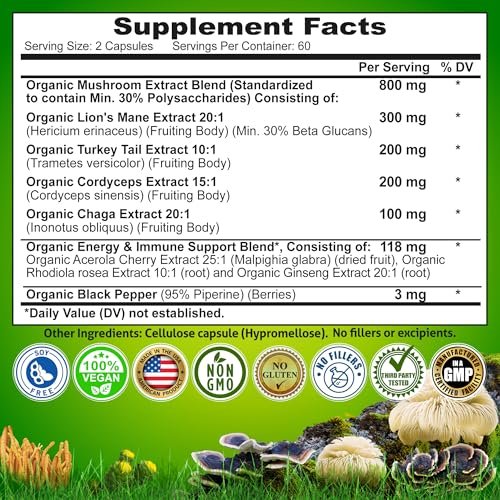 Bio Pilzkomplex mit Löwenmähne, Truthahnschwanz, Cordyceps, Chaga, Rhodiola Rosea, Ginseng & Acerola-Kirsche – 120 Kapseln
