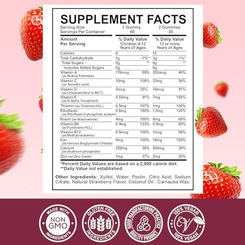 Eisen-Gummibärchen für Kinder mit Calcium, Zink – Multivitamin mit Eisen, Immununterstützung, Blutbildung & Energie – Vegan, 60 Stück