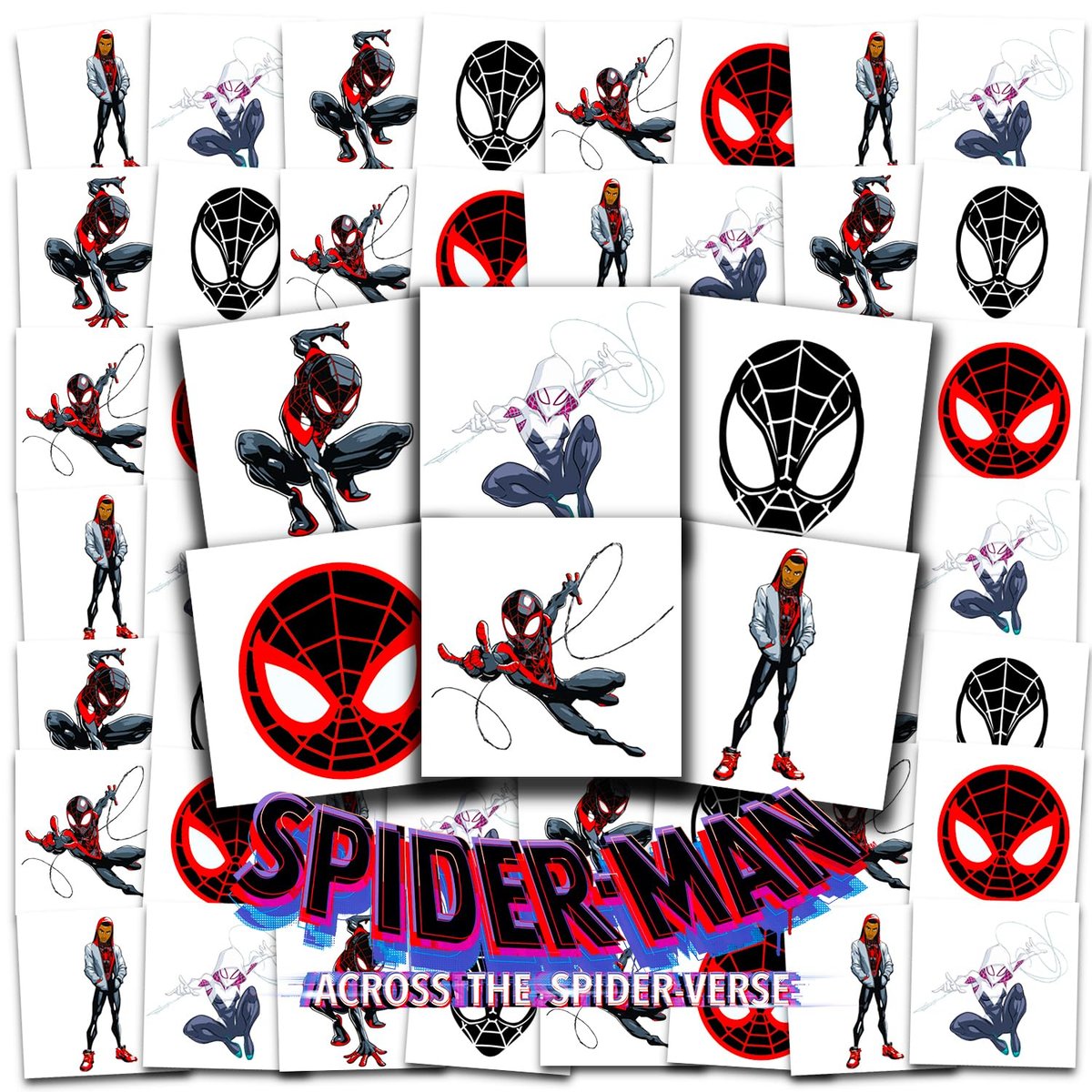 Spiderverse Tattoos Party Favors Bundle – 72 perforierte Einzel-Tattoos (5x5 cm) Spider-Man temporäre Tattoos für Kinder, Jungen, Mädchen | Miles Morales Partyzubehör
