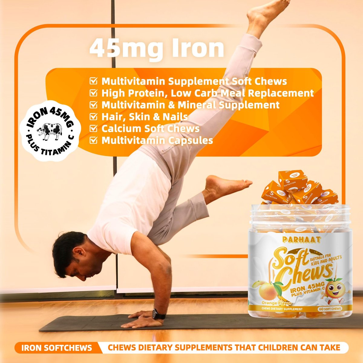 Eisen Soft Chew Supplement mit Vitamin C | Orangen-Geschmack | Glutenfrei | Eisenpräparat für Frauen, Männer und Kinder | 60 Stück | 2-Monats-Vorrat