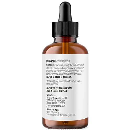 100% Reines Bio-Rizinusöl für Haar-, Wimpern- und Augenbrauenwachstum, Lymphdrainage und Hautfeuchtigkeit | Hexanfrei, kaltgepresst, unraffiniert in 4 fl oz Glasflasche mit Pipette von M3