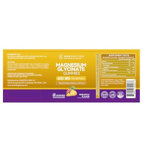 Magnesiumglycinat Gummibärchen 600 mg – Non-GMO, glutenfrei, Magnesium Gummis für Erwachsene & Kinder, Schlaf, Entspannung & Konzentration, Ananasgeschmack, 60 Stück