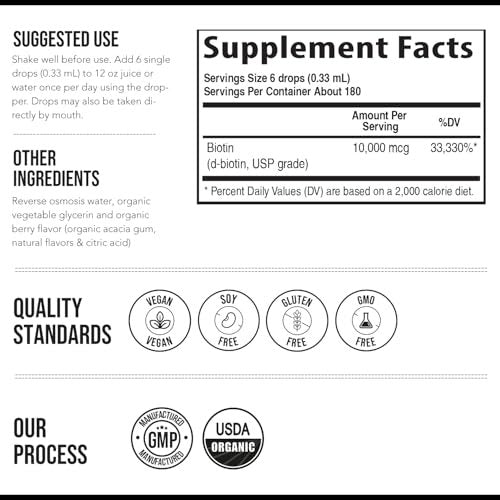 Flüssiges Biotin 10.000 mcg Tropfen für Frauen – Bio USP-Nahrungsergänzungsmittel – Hochabsorbierende Formel – Unterstützt gesundes Haar, Haut & Nägel – Natürlicher Beerengeschmack – 180 Portionen, 60 ml