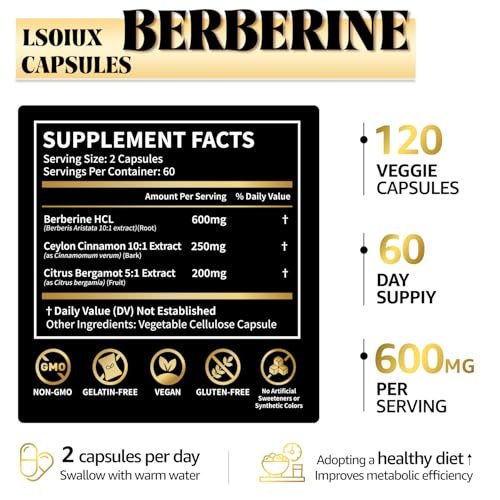 LSOIUX Berberin-Komplex mit Ceylon-Zimt – Liposomales Berberin für den Stoffwechsel, 600 mg, 120 Kapseln, Vegan, Non-GMO