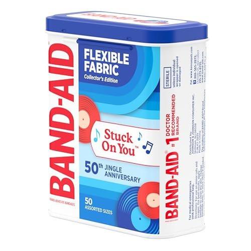 BAND-AID Marke flexible Stoff-Pflaster, komfortabler steriler Schutz & Wundversorgung für kleine Schnitte & Verbrennungen, Jubiläumsdose, verschiedene Größen, 50 Stück