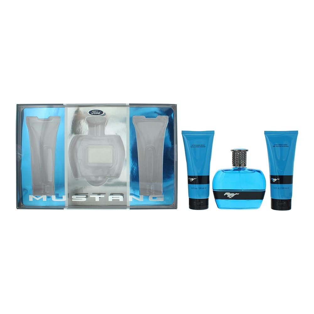 Mustang Blue 3-teiliges Herren Geschenkset: EDT Spray, Aftershave & Haar- und Körperwäsche