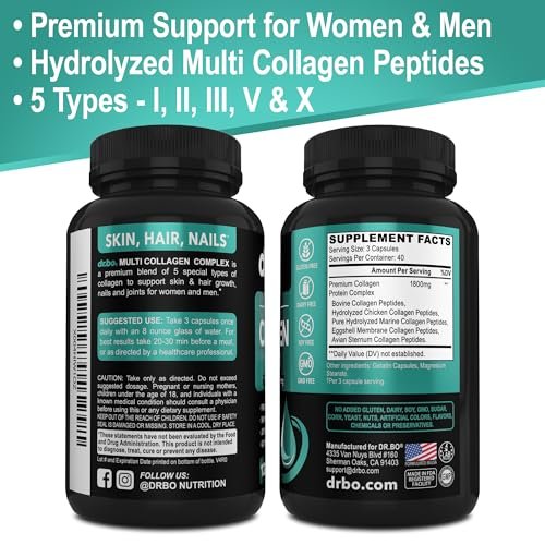 Multi-Kollagen-Peptide für Frauen & Männer – Typ I, II, III, V & X – Hydrolysierte Kollagenkapseln für Haut, Haare & Nägel – 120 Protein-Kapseln