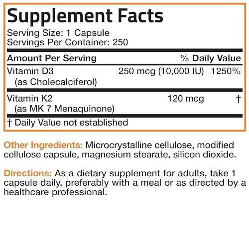 Bronson Vitamin K2 (MK7) mit D3 Extra Stark - Knochen- und Herzgesundheit, nicht gentechnisch verändert - 10.000 IE Vitamin D3 & 120 mcg Vitamin K2 MK-7 - leicht zu schlucken - 250 Kapseln