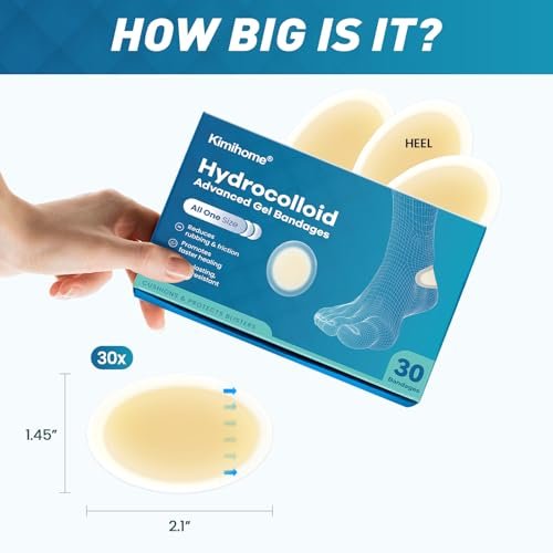 Kimihome Hydrokolloid-Blasenpflaster für die Füße – 30 Stück Gel-Blasenpflaster – Blasenkissen für Ferse, Zeh – Blasenschutz für Reisen – Wasserbeständige Pflaster (Fersenpackung)
