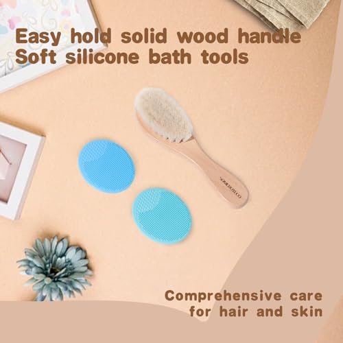 SAMEBUTECO Baby Haarbürsten Set, 3-in-1 Kit, 1 Pack Ziegenhaarbürste, 2 Stück Silikon-Wiegenkappenbürsten, Holzgriff, Neugeborenenbürste für Neugeborene und Kleinkinder