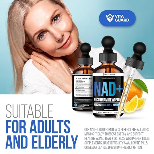 Vita Guard Pure NAD+ Nahrungsergänzungsmittel 1000mg flüssige Tropfen für Frauen und Männer | Nicotinamid-Adenin ähnlich wie Nicotinamid-Ribosid NAD Plus Booster – natürlicher Zitronen- und Orangen-Geschmack