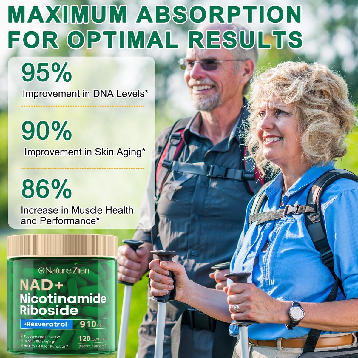 NAD+ Supplement - Nicotinamid-Ribosid 910 mg mit Resveratrol, liposomal, für Fokus & Energie, 120 Kapseln für Frauen und Männer