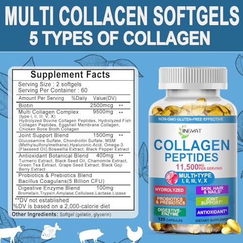 Kollagen-Peptide Weichkapseln, Multi-Kollagen-Peptid mit Glucosamin Chondroitin MSM Biotin, hydrolysiertes Kollagen-Peptid-Komplex für Frauen, unterstützt Haut, Haare, Nägel, Gelenke, Knochen, Darmgesundheit, Nicht-GMO, 120 Kapseln