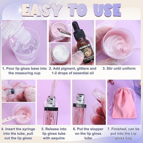 TSVATE Lipgloss Herstellungsset, 58-teiliges DIY Lipgloss Kit, Feuchtigkeitsspendende Lippenölbasis, Lipgloss Set für Frauen, Anfänger, Mädchen, Geschenk für Teenager