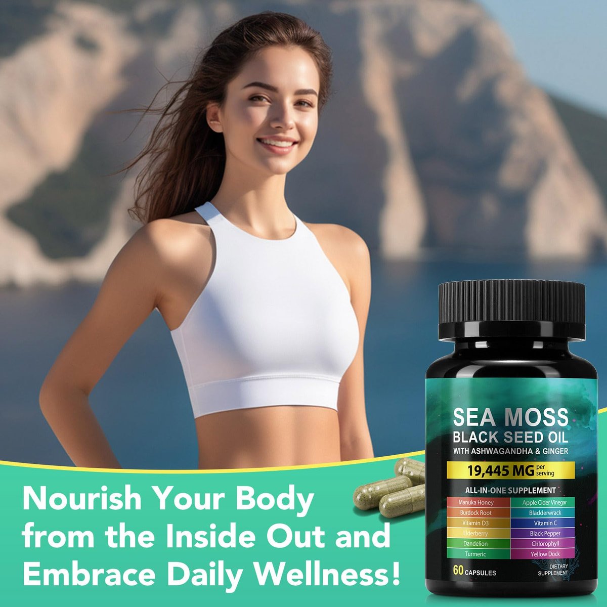 Sea Moss Black Seed Oil Ashwagandha Ginger Kapseln, Seamoss Kapseln mit Bladderwrack, Burdock & Vitamin C Vitamin D3 für Frauen & Männer – gestärkte Immunität, 60 Stück