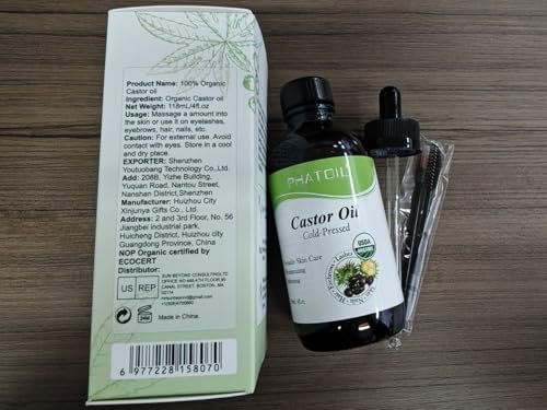 PHATOIL Bio Kaltgepresstes Rizinusöl, 118 ml Glasflasche, USDA Bio-zertifiziert, Reich an Omega-Fettsäuren, Ideal für Haarwachstum, Augenbrauen, Wimpern und Hautpflege