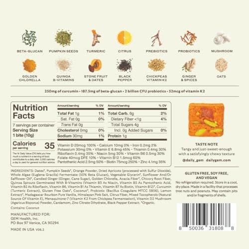 GEM Daily Bite für Frauen und Männer – 20+ Vitamine, Mineralien & Superfoods wie Zink, Vitamin D, B-Komplex, K, Kurkuma, Ballaststoffe & Präbiotika, Beta-Glucan GLP-1 Unterstützung & Immunität (Zitrone-Ingwer, 7 Stück)