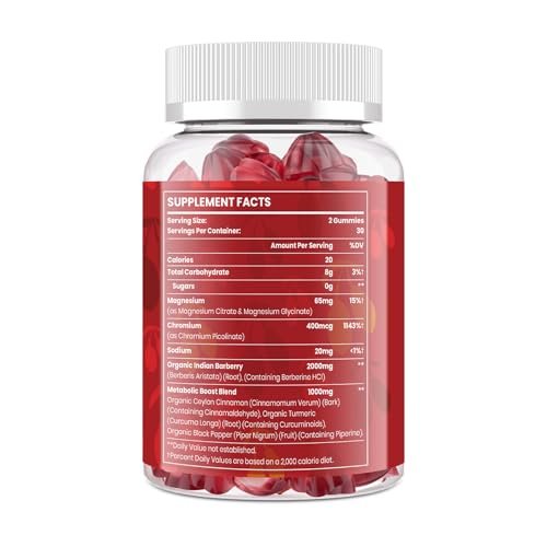 2000mg Berberin Gummis mit hoher Potenz – Wellness-Blend mit Ceylon-Zimt, Kurkuma, Magnesium & Chrom, vegan, nicht-GVO, glutenfrei, Pfirsichgeschmack, 60 Gummis – 1 Packung