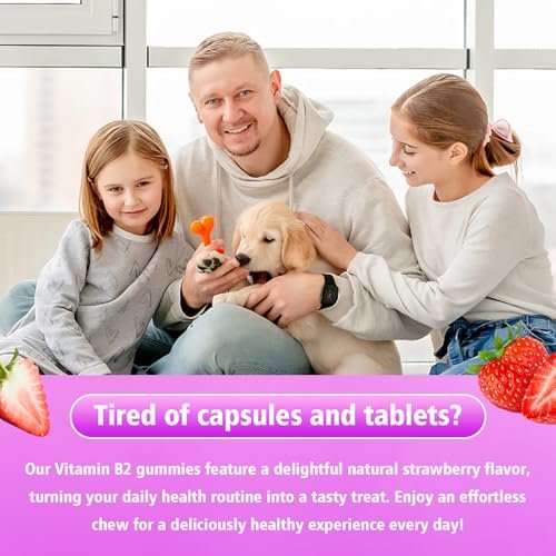 Saajoor Vitamin B2 Gummis – Riboflavin 400 mg mit Magnesium & CoQ10 & Vitaminen für Kinder & Erwachsene – Migräne-Linderung & Kopfschmerzlinderung – Erdbeergeschmack, 60 Gummis
