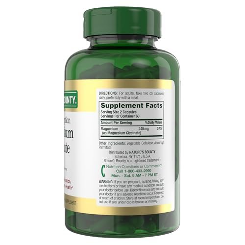 Nature's Bounty Magnesium Glycinat 240 mg – 120 Kapseln für Muskelentspannung, Knochen-, Herz- und Nervengesundheit – Nicht-GVO, glutenfrei, vegetarisch