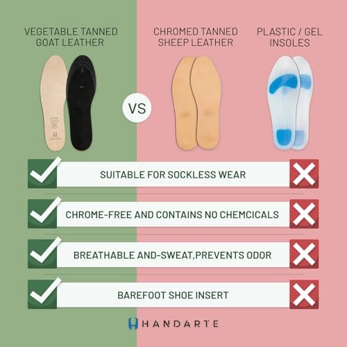 HANDARTE Leder Anti-Geruch Einlegesohlen | Zuschneidbare Geruchsstopper Herren | Schuhdeo - Geruchseliminator für Schuhe - 100% natürliches Ziegenleder & Anti-Schweiß - Geeignet für Sockenlos (Groß)