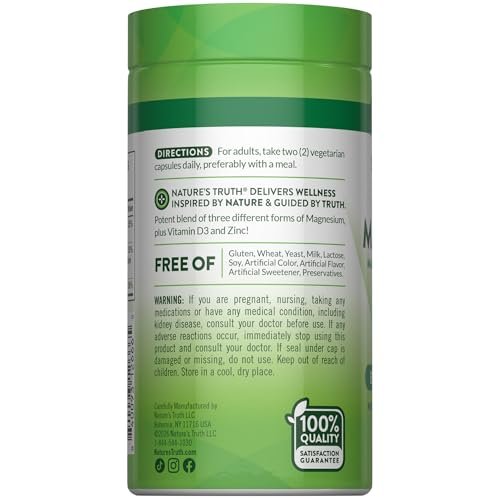 Nature's Truth Triple Magnesium Complex – 60 Kapseln mit Glycinat, Citrat & Malat, plus Vitamin D3 & Zink – Vegetarisch, Nicht-GVO, Glutenfrei