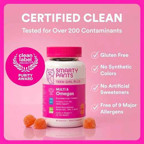 SmartyPants Teen Girl Multivitamin Gummis | Omega 3, Vitamin C, D3, B12, Zink & Biotin | 60 Stück (30-Tage-Vorrat)