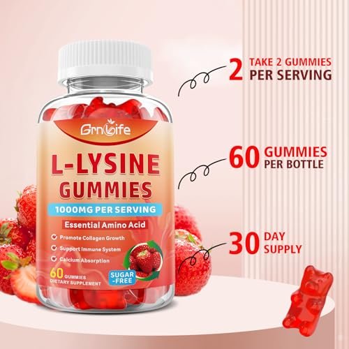 GrnLife L-Lysin 1000mg Gummis, Kaubare Lysin-Ergänzung für Erwachsene & Kinder, Essentielle Aminosäure zur Unterstützung des Immunsystems und der Kollagenbildung, Erdbeergeschmack, 60 Stück