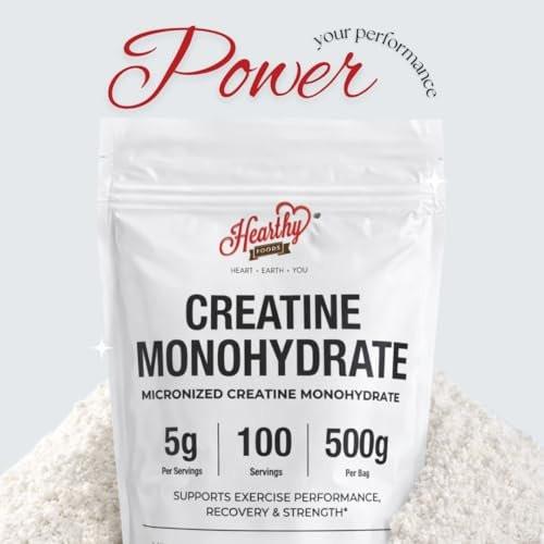 HEARTHY FOODS Creatin Monohydrat Mikronisiertes Pulver 500 g - 100 Portionen, 5000 mg pro Portion (5 g) - für Männer & Frauen Muskelwachstum & Erholung - UNGESÜSST