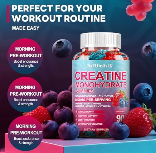 Creatin-Monohydrat 5000mg Gummis mit BCAA, L-Carnitin, Taurin & Vitamin B12 – Prä-Workout für Muskelaufbau, Kraft & Energie, Multigeschmack, 90 Stück für Männer & Frauen