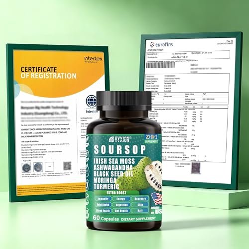 Soursop Graviola Komplex mit Seemoos, Moringa, Kurkuma, Schwarzkümmelöl, Oregano, Ashwagandha | 20-in-1 Kräuterextrakte für die allgemeine Gesundheit | Vegan, Nicht-GVO | 60 Kapseln